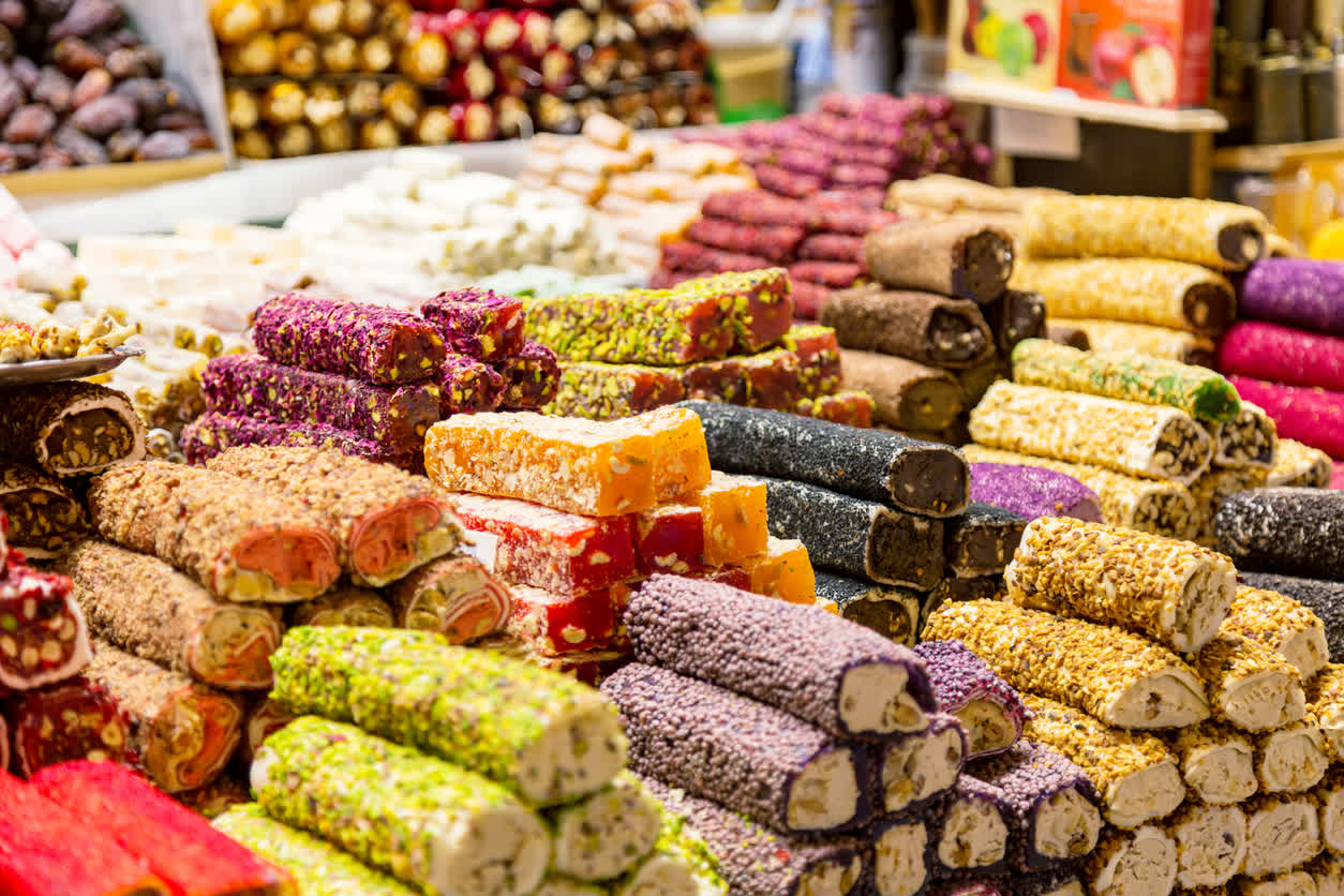 Turkish delight piled high on a bazaar stall